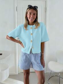 Spring/Summer Women's Fashion French Soft Wax Texture High-End Loose Knit Cardigan, Women's Cropped Relaxed Sweater Top - Baby Blue - View 2