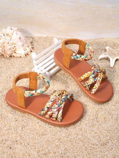 1 Pair Of Girls' Shoes With Brown Sole And Colorful Woven Tassel Flat Sandals, The Upper Is Made Of Colorful Woven Fabric And Tassel Decoration, With A Toe Exposed Style, Flat Bottom Anti Slip, Bohemian Casual Style, Suitable For Daily School And Beach Play