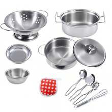 11pcs/12pcs Children Mini Stainless Steel Kitchen Toys, Pretend Play Cooking Set, Chef Cooking Tool Kit With Storage Bag, Stainless Steel Pots And Pans Set, Educational Toys For Boys And Girls - 彩色 - 查看 7