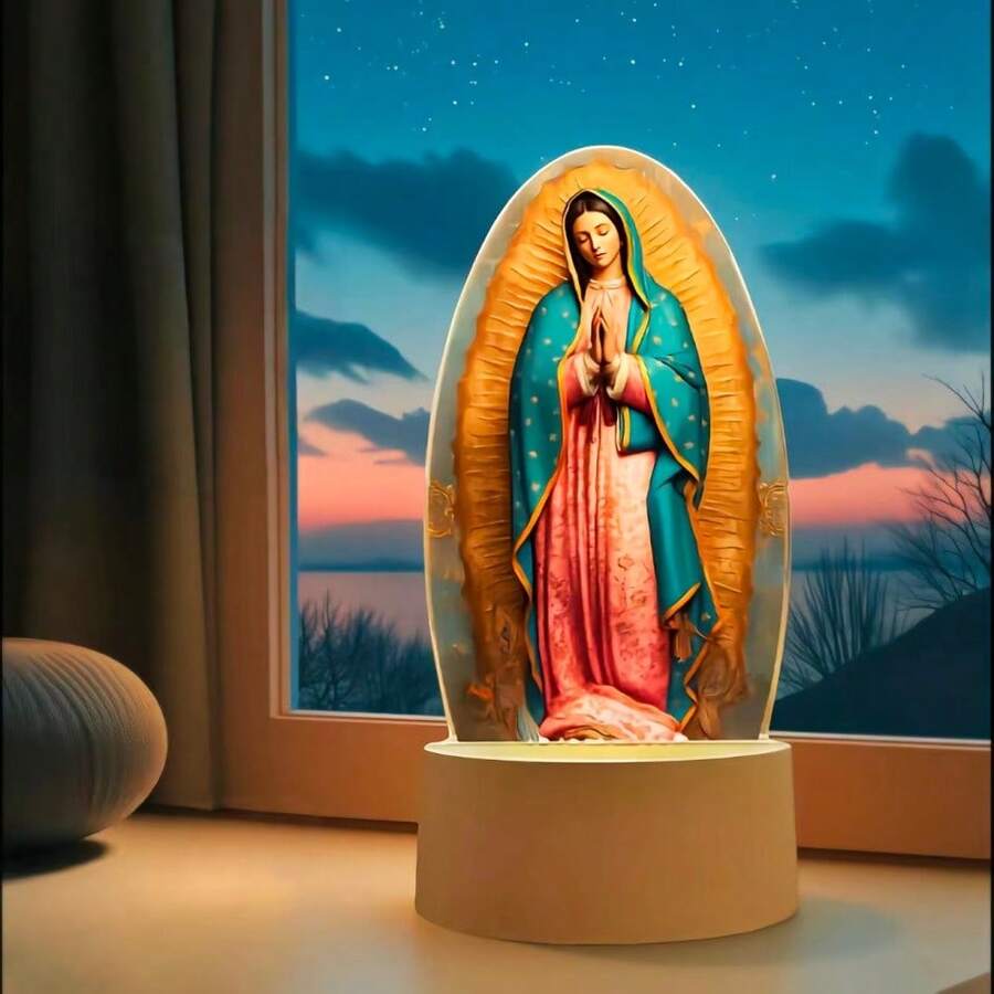 1 pieza Figura decorativa de la Virgen María con luz nocturna, lámpara LED de fe de la Madre Guadalupe, decoración religiosa para el hogar, lámpara de ambiente de acrílico, también adecuada como lámpara de mesita de noche, y práctica, diseño de LED de luz cálida, que cuida los ojos y es acogedora.
