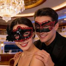 Máscaras de pareja para mascarada, juego de máscaras venecianas de lujo para fiestas, máscaras para fiestas de Navidad y Halloween, máscaras de carnaval y cosplay para hombres y mujeres, máscaras rojas románticas - Conjunto Rojo - Ver 4