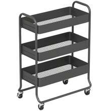 Kitchen Trolley, 3 Baskets, 4 Wheels, Metal, Black