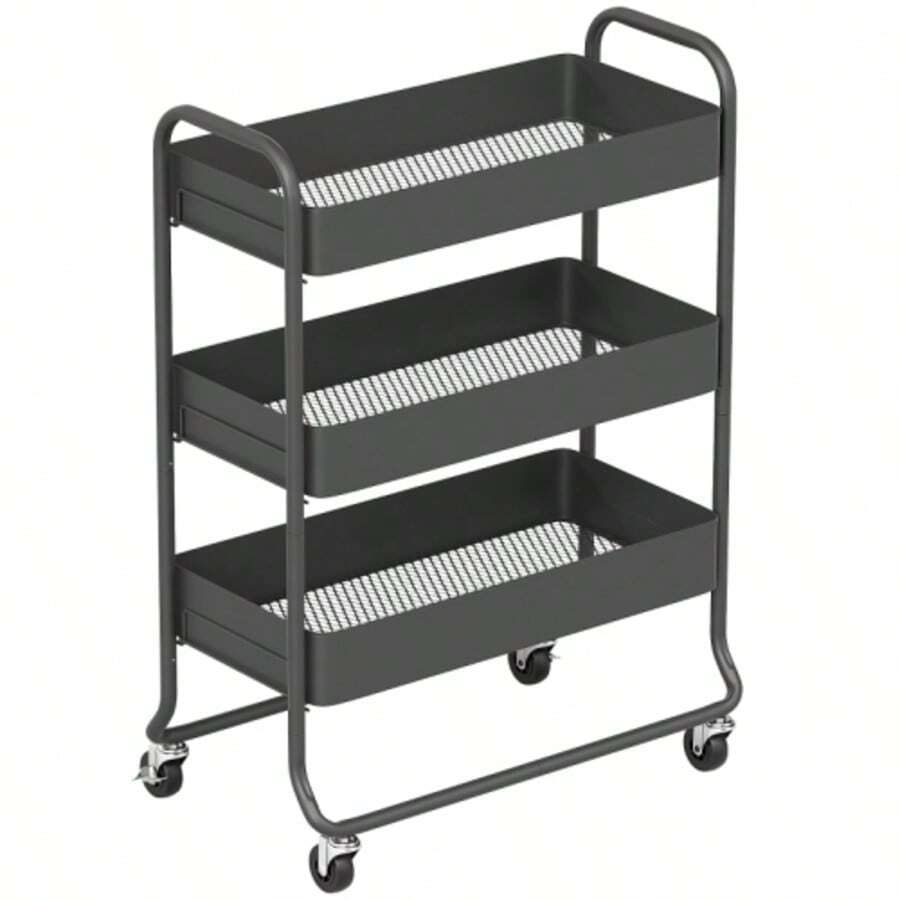 Kitchen Trolley, 3 Baskets, 4 Wheels, Metal, Black