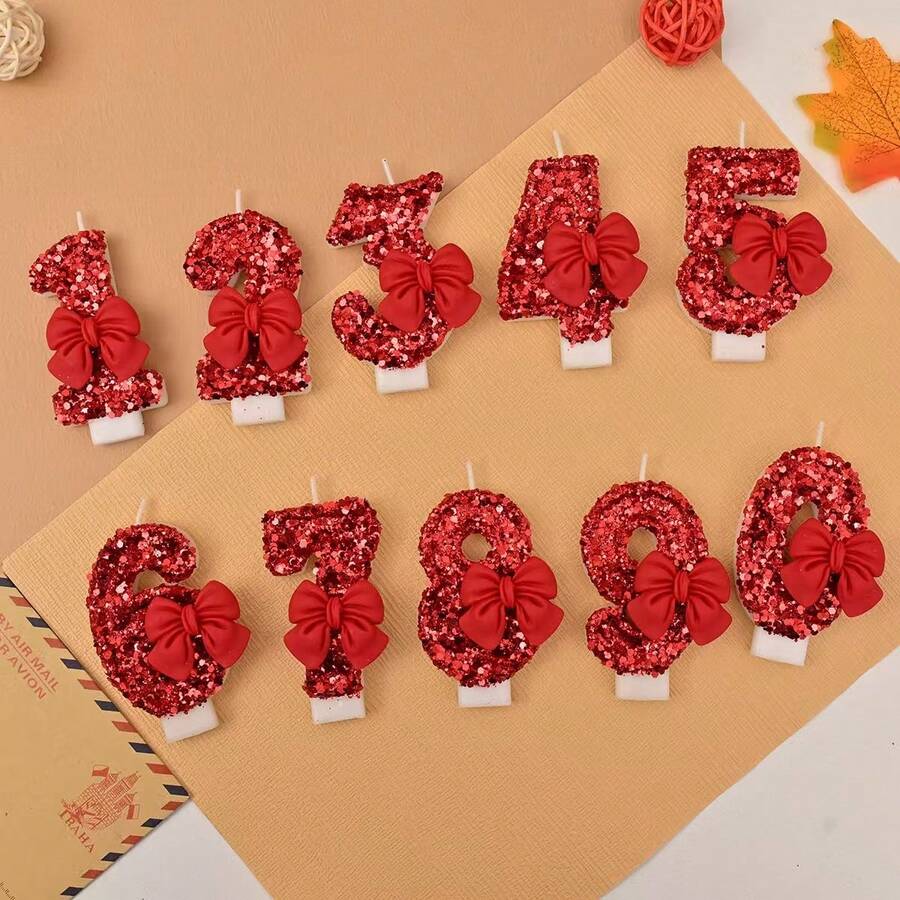 钻石红色蝴蝶结生日数字蜡烛，适用于幼儿/成人生日、订婚、周年纪念派对装饰 - 紅色 - 查看 1