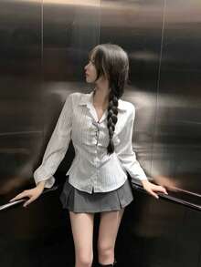 女士条纹长袖单排扣休闲衬衫 - 白色 - 查看 5