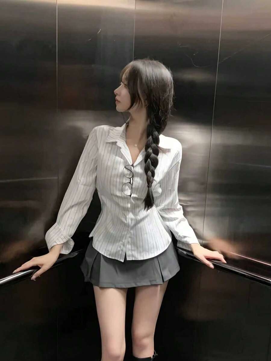 女士条纹长袖单排扣休闲衬衫 白色 春季 - 白色 - 查看 1
