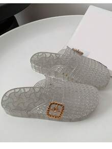 Damtofflor i transparent PVC, platta, trendiga och nya sommartofflor - Vitt - Visa 3