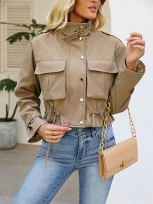 Women's Stylish Short Jacket With Drawstring Waist And Pockets Long Sleeve Button Front Woven Fabric Utility Coat