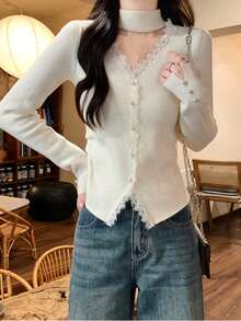 2026 Women's Lace Patchwork V-Neck Long Sleeve Knitted Sweater, Hollow Out Design, Cropped Pullover Top, Spring - Apricot - View 5