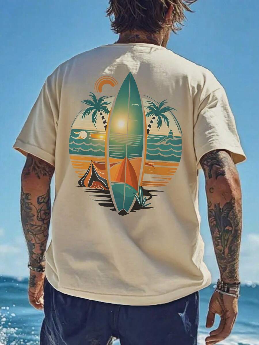 男士休闲沙滩主题印花短袖T恤，舒适透气，适合夏季穿着，引领时尚潮流 - 杏色 - 查看 1