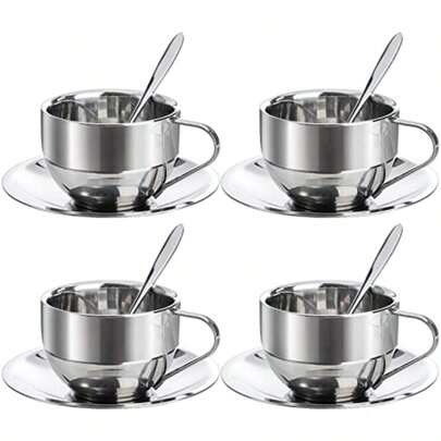 4pcs/Set Stainless Steel Coffee Cups And Premium Cappuccino Cups With Spoons And Saucers, Suitable For Coffee And Tea Lovers