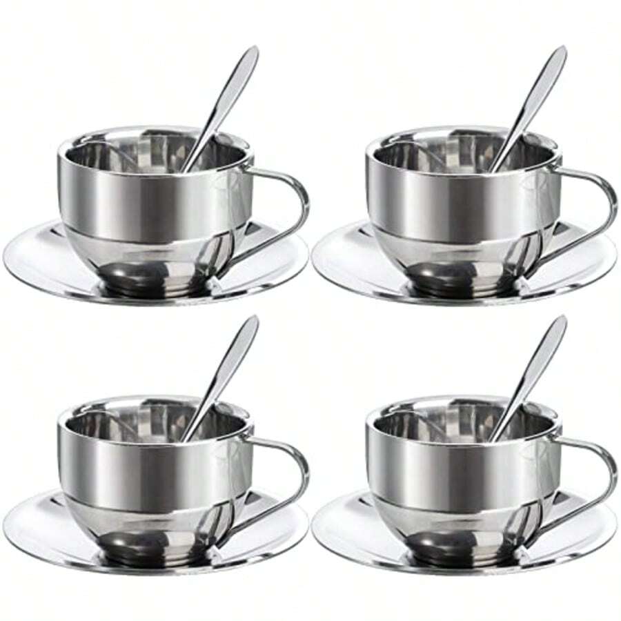 4pcs/Set Stainless Steel Coffee Cups And Premium Cappuccino Cups With Spoons And Saucers, Suitable For Coffee And Tea Lovers
