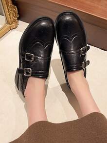 2026春季新款搭扣雕花布洛克乐福鞋软底平底学生鞋休闲英伦风女鞋 - 黑色 - 查看 5