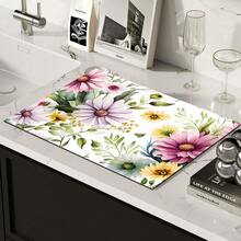 1pc Colorful Floral Print Absorbent Mat/Drying Mat For Coffee Maker, Dishes - Absorbent Polyester Desktop Protective Mat With Rubber Anti-Slip Pad, For Kitchen Counter Decor, Home Bar And Dining Table - Multicolor - View 6
