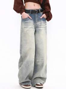 Vintage Washed Cat Whisker Low Waist Wide Leg Jeans Spring Casual - Blue - View 5