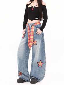 Quần jeans ống rộng rách họa tiết ngôi sao dành cho nữ (kèm thắt lưng) - Màu xanh lam - Xem 6