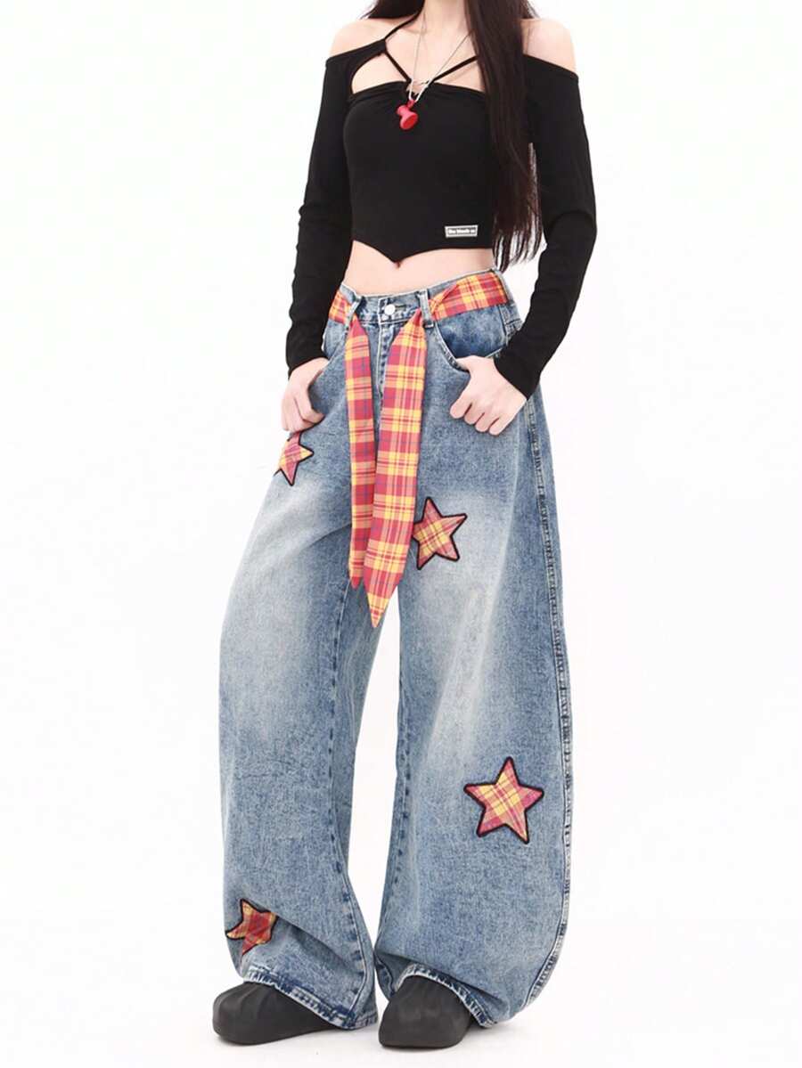 Quần jeans ống rộng rách họa tiết ngôi sao cho nữ (có thắt lưng) mùa xuân - Màu xanh lam - Xem 1