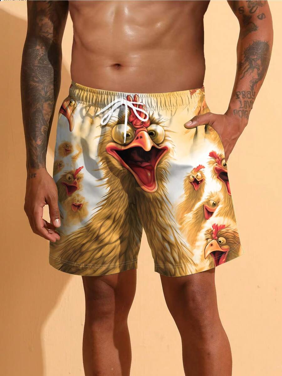 Men's Summer 3D Big Eyes Chicken Printed Beach Shorts - Single Layer Drawstring Lightweight Quick Drying - Multicolor - View 1