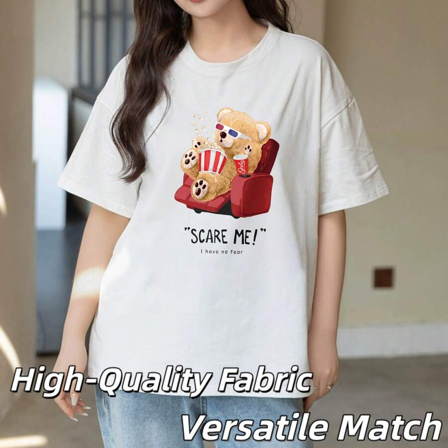 Clean Girl Teddy Bear Movie Popcorn Chair Soft Ribbed Knit Tee Work Weekend Casual - trắng - Xem 1