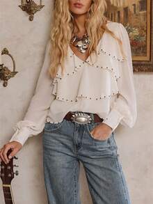 Áo kiểu tay dài cổ chữ V bèo nhún, màu trơn, đính hạt ngọc trai giả, phong cách thường ngày, thích hợp cho mùa xuân. - Ngà voi - Xem 3