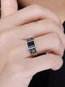 1pc Mysterious Totem Ring, Minimalist Faux Black Obsidian Ring, Fashionable Versatile High-End Open Ring - H631 - View 5