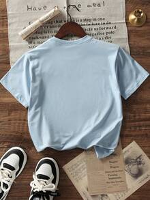 少女学生休闲印花白色圆领短袖T恤，夏季上衣 - 淺藍色 - 查看 5