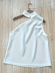 1件女士夏季纯色缎面不对称/不对称荷叶边优雅时尚无袖衬衫，适合夏季、办公室、居家、日常、生日派对、正式场合等休闲场合，白色 - 白色 - 查看 6