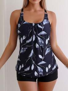Damen Lässig Rundhals Träger Badeanzug, mit geraffter Büstenpartie, Rückenausschnitt, kombiniert mit Blatt-Muster Top und Shorts, zeigt eleganten Bademode-Stil - Schwarz - Übersicht 8