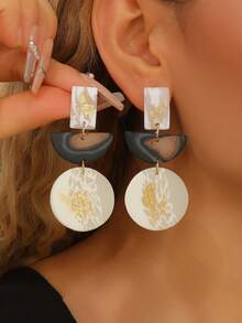 1 Pair Fashion Retro Premium Polymer Clay And Metal Drop Earrings With Marbled Agate Texture Gilding Detail Asymmetrical Geometric Shape Decor Dangle Earrings For Young Females Weekend Hangout Art Exhibition Wear And Retro Luxury Style Enthusiasts Party Daily Accessories - Multicolored Gilded Pottery - View 4