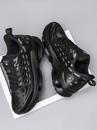 Men's 2025 New Marathon Running Shoes, Thick Sole Shock Absorbing, Leather Upper Waterproof, Lightweight Casual Chunky Sneakers, Lace-Up Pure Black Outdoor Shoes, Comfortable Cushioning Casual Sneakers, Daily Wear Fashionable Street Style