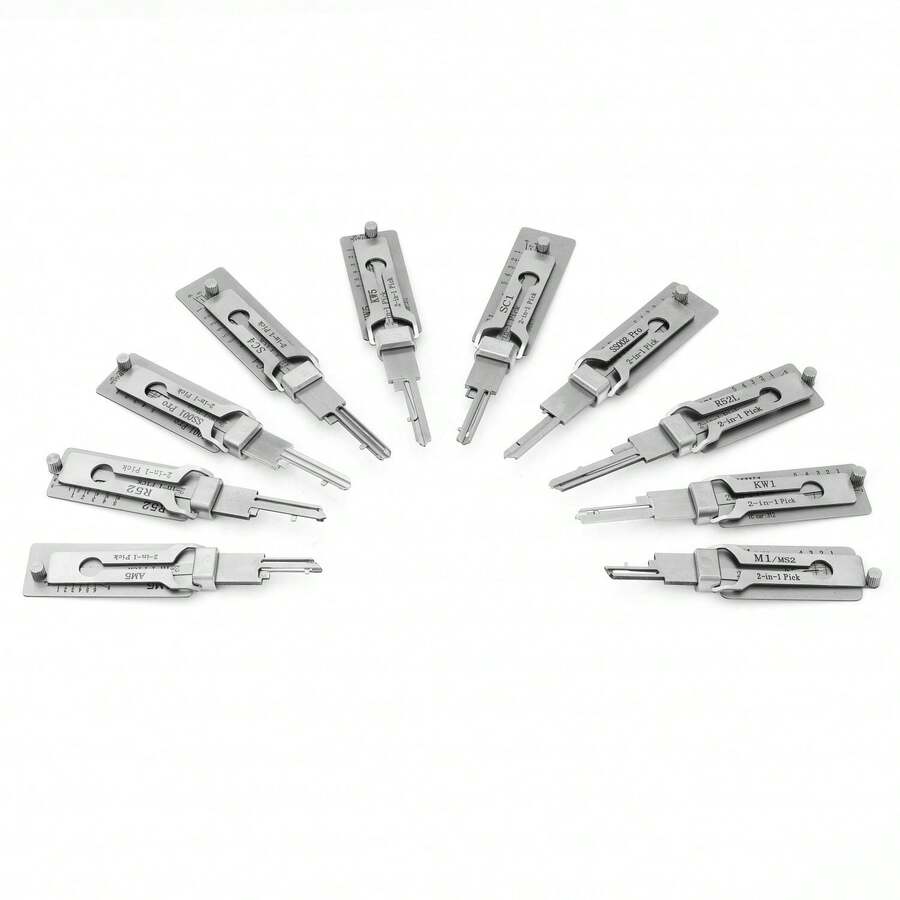 10pcs Professional Locksmith Tools, Lock Picking Training Tools, 2-In-1 Lock Pick Set - Silver - View 1