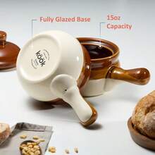 KooK - Juego de 4 platos de sopa de cebolla francesa con tapas cuencos de cerámica asas grandes lavaplatos microondas horno y asador color café blanco colección Puebla - Café Blanco - Ver 2