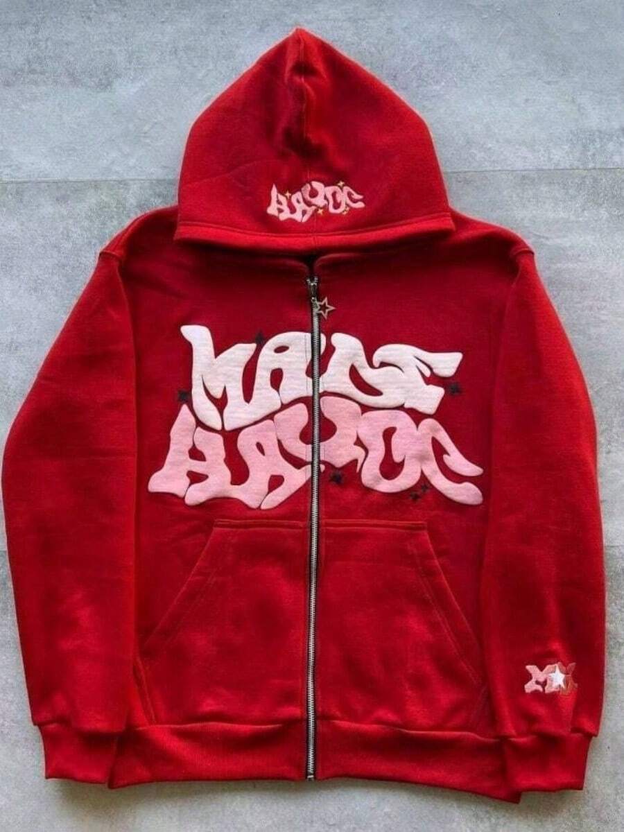 New Spring And Autumn Sweater Men's And Women's Fashion Wear Group Men's Hip-Hop Foam Letter Top Printing Hooded Zipper Sweater Christmas Match Women's Casual Top Cardigan Coat - 紅色 - 查看 1