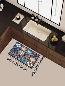 1件装硅胶厨房地垫，马赛克风格，饰有土耳其和摩洛哥瓷砖图案、几何形状和花卉纹理，采用蓝色、黄色、白色和红色配色。