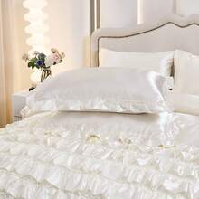 Black Satin Comforter Set Queen Size 8 Pieces Satin Bed In A Bag Farmhouse Shabby Chic Girls Waterfall Ruffle Comforter Set Luxury Silky Bedding Set For Bedroom Decor - White - View 8