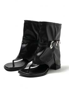 Women's Fashion Street Punk Style Square Toe Fold-Over Cuff Sandals, Casual Black Gladiator Sandals Suitable For Daily Wear, Versatile Outdoor Punk Style Black Sandals - Black - View 1