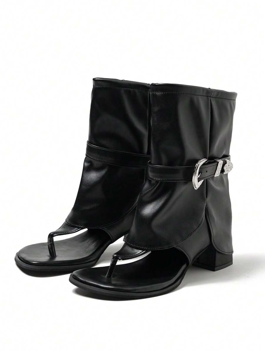 Women's Fashion Street Punk Style Square Toe Fold-Over Cuff Sandals, Casual Black Gladiator Sandals Suitable For Daily Wear, Versatile Outdoor Punk Style Black Sandals - Black - View 1