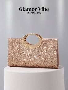 Glittery Women's Evening Clutch Bag, Made Of Glitter Fabric With Metal Hardware Decoration, Metal Chain Strap, Suitable For Wedding, Banquet, Party, Ball, Holiday Gifts, Dress Matching, Valentine's Day, Birthday - Champagne - View 3