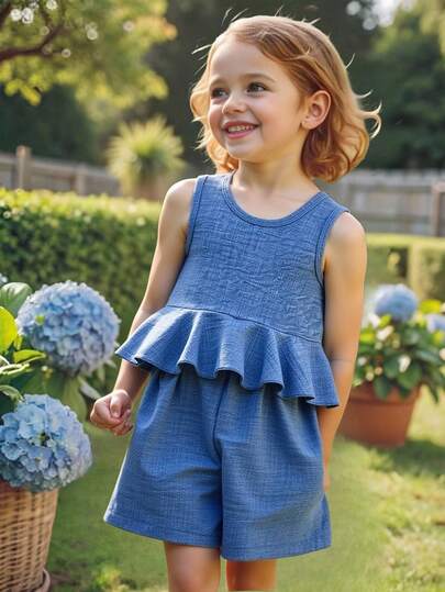 Young Girls' Summer New Solid Color Minimalist Sleeveless Fishtail Hem Top + Casual Shorts Set