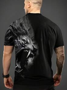 Men'S 3D Lion Graphic-Shirt - Black & Gray Contrast Print, Breathable Short Sleeve Round Neck Casual Shirt, Washable Summer Outdoor Tee Sports & Casual Attire, Comfortable Clothing, Durable Artistic Design - 混合色 - 查看 3