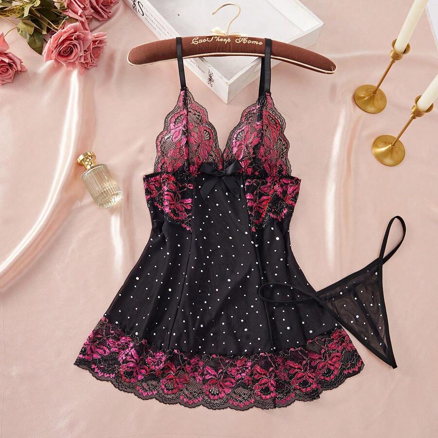 Sexy Lingerie, Women's Lingerie Set, Dual-Color Lace Trim, Shiny Sequin Camisole, Alluring Black