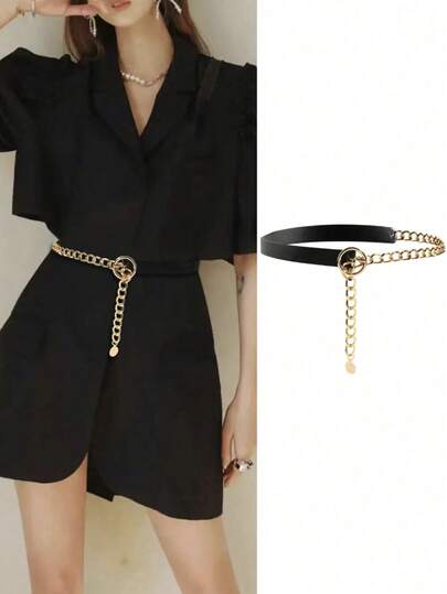 秋季新款金属链条PU皮革复合材质女士腰带，可搭配西装衬衫，百搭装饰腰链，适合万圣节、夏季、秋季、上学等各种场合。