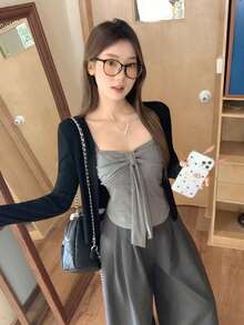 韩版蝴蝶结前开吊带背心，女士休闲夏季款 - 灰色 - 查看 3