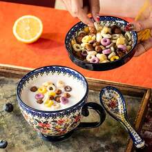 1个大号18盎司/510毫升波西米亚陶瓷早餐花杯，复古花卉图案，大容量茶杯，咖啡杯，适用于办公室和家庭，可放入洗碗机和微波炉，手绘彩色花朵 - 彩色 - 查看 7