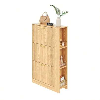 Modern Minimalist Schuhschrank Aus Holz, Dreitüriges Design, Large Fassungsvermögen, Offene Regalfächer, Stilvoll Und Praktisch, Geeignet Für Die Aufstellung Im Eingangsbereich/Foyer.