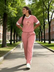 女士加大码时尚简约渐变色双心印花圆领短袖T恤和休闲直筒裤套装，条纹袋鼠口袋配抽绳，家居服 - 粉色 - 查看 6