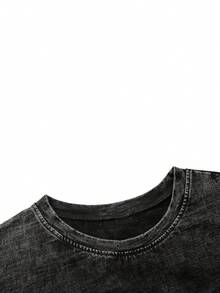 女士休闲宽松圆领长袖T恤，复古水洗黑色，可爱小熊字母印花，适合春秋季穿着 - 黑色 - 查看 3