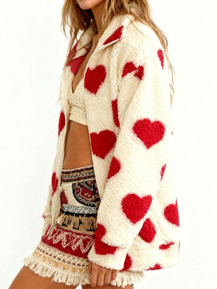 Women's Valentine's Day Heart Jacket Casual Long Sleeve Zip Up Loose Fuzzy Coat - 紅色 - 查看 1