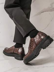 男士圆头厚底德比鞋，系带乐福鞋，褶裥鞋面设计，正式场合正装鞋 - 棕色 - 查看 5