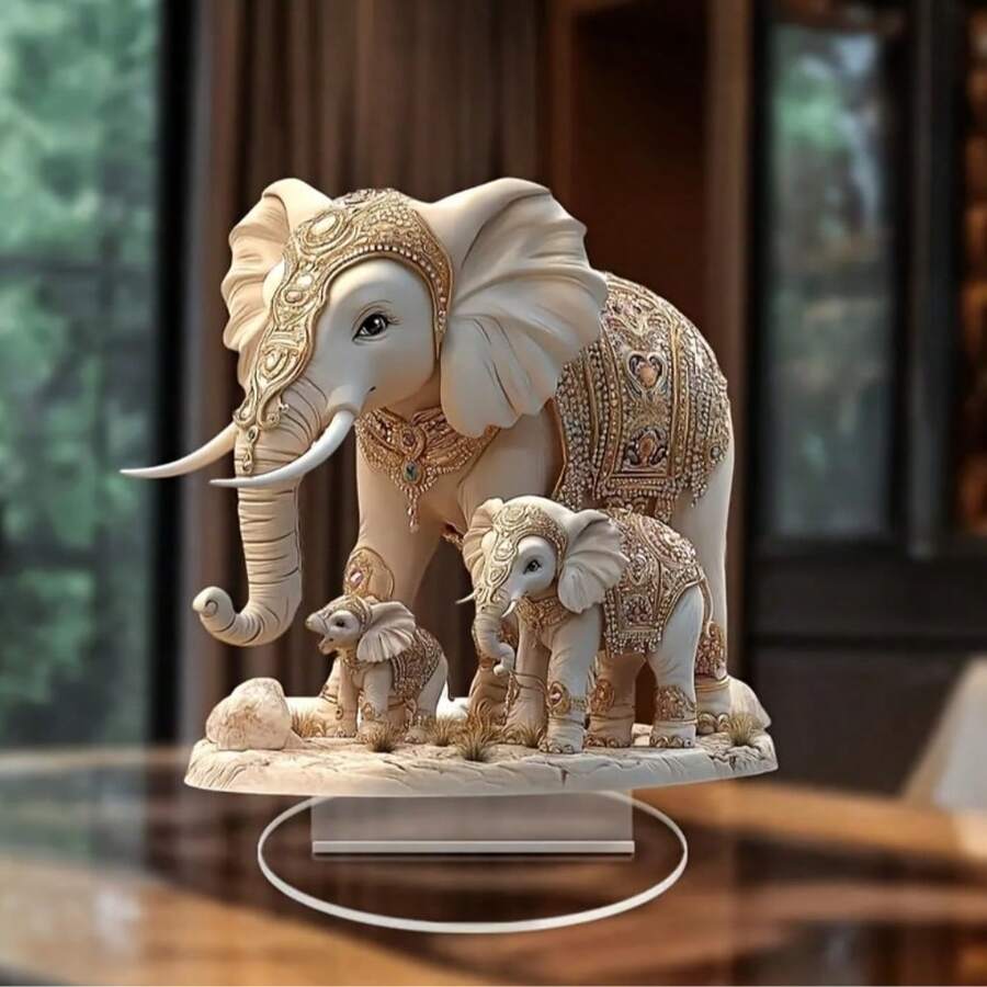 Elegant Bohemian-Style Elephant Family Acrylic Ornament (2D) - Decorative Desktop Statues Adorned With Gold And White Jewel Details, Suitable For Bedrooms, Living Rooms, Offices, And Outdoor Spaces | Ideal Easter Gift, Elephant Decorations